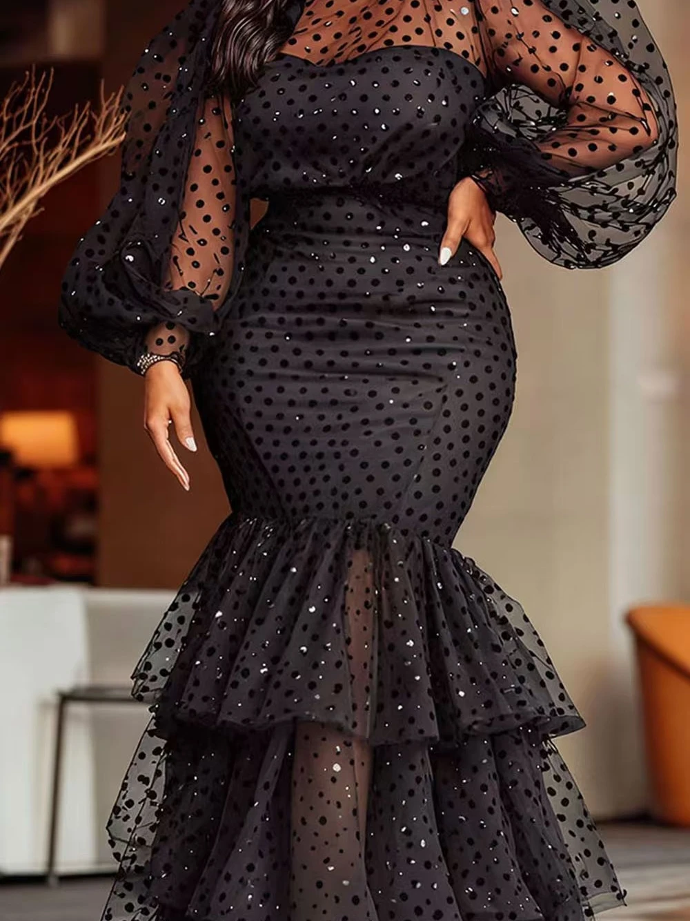 Sexy Slim Fit Black Polka Dot Plus Size Evening Gown Sheer Puff Sleeves Sequins Tiered Mermaid Prom Cocktail Party Dress