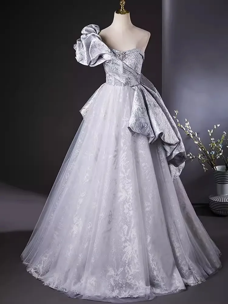 Immagine reale Abito da sera da donna grigio argento Abbigliamento formale Una spalla Una linea Festa di compleanno Abito speciale per occasioni Vestido 2025