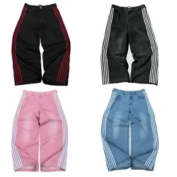 Y2K Jeans larghi di alta qualità Pantaloni sportivi Harajuku a righe ricamate uomo donna Hip Hop streetwear Pantaloni casual in denim a gamba larga