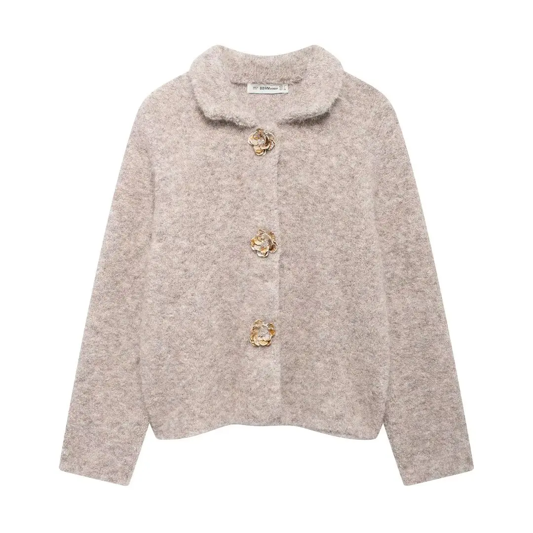 Flower Button Cardigan Women 2024 Women's Sweater Autumn Long Sleeve Khaki Outwears Knit Sweaters Elegant Fashion Cardigan