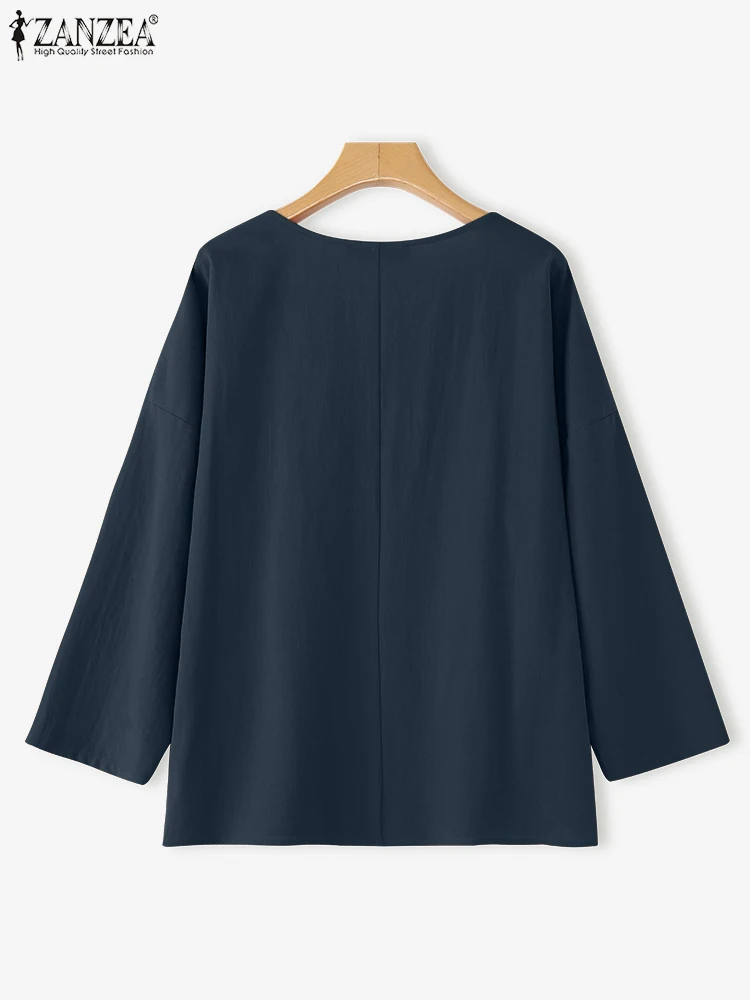 2023 ZANZEA Frauen Herbst Baumwolle Bluse Casual Langarm Tops Vintage Shirt V-ausschnitt Taste Blusas Weibliche Arbeit OL Shirts Oversize