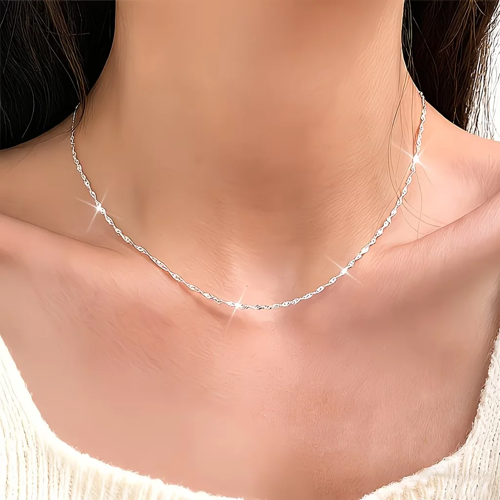 1pc 2mm Water Wave Chain Stainless Steel Collarbone Chain for Casual Outfits and Gifting Unisex Cute Necklace 45/50/55/60cm