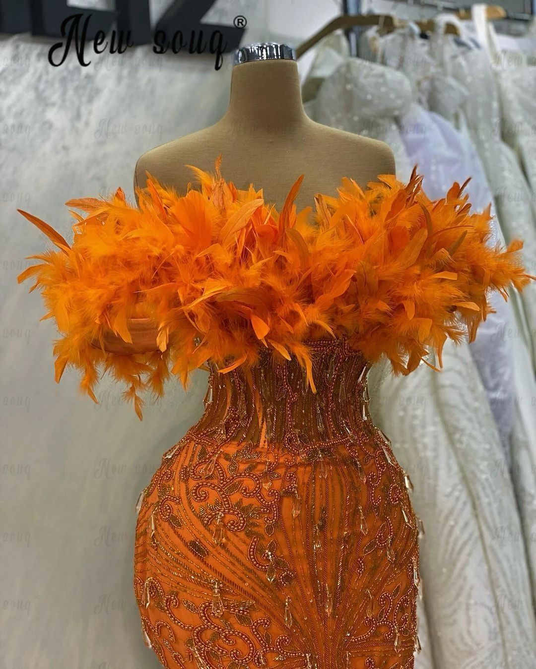 Gorgeous Customized Long Celebrity Dresses Aso Ebi Orange Feathers Wedding Party Gowns Luxury Beaded Mermaid Formal Prom Dresses