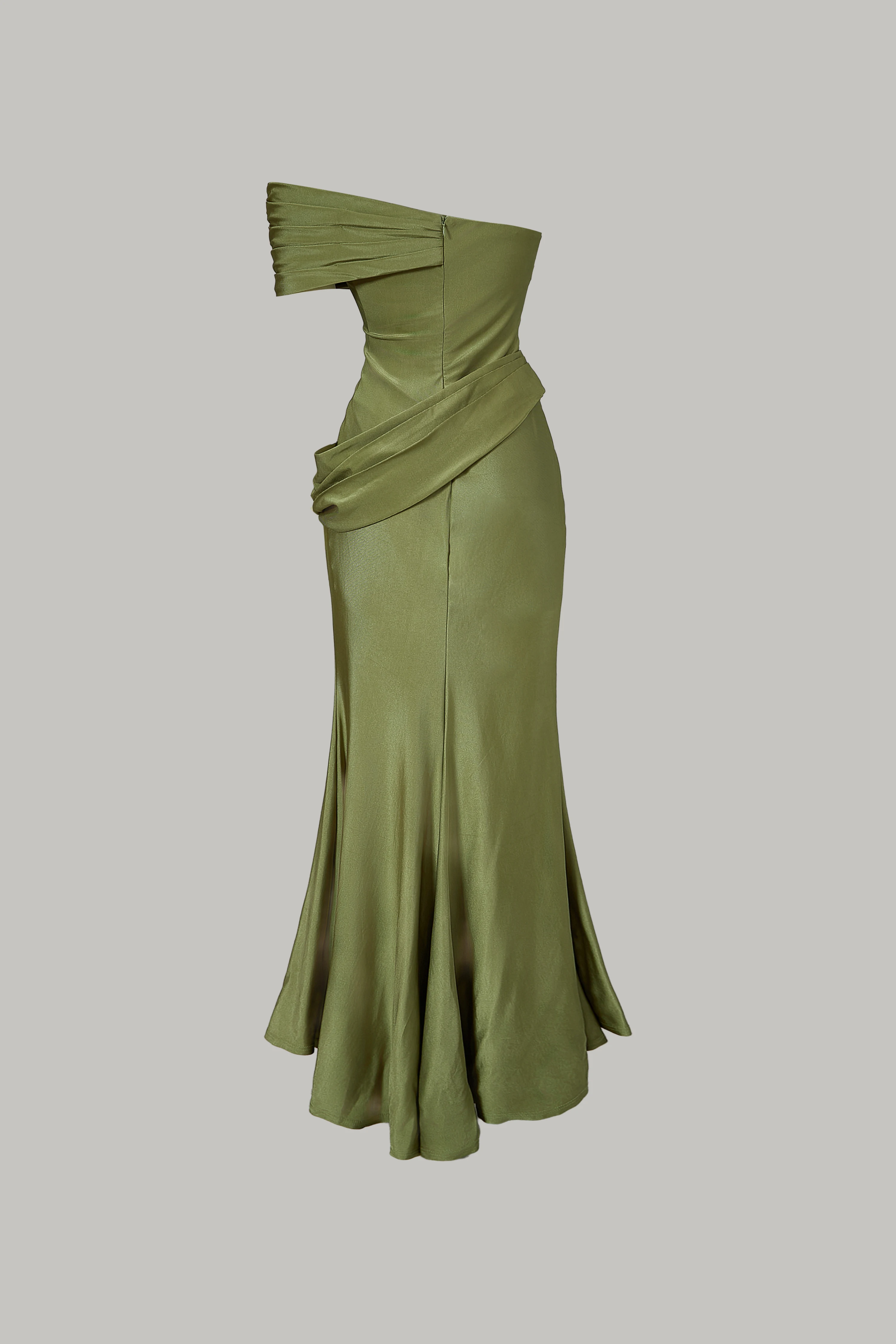 High-End French-Style Olive Green Off-The-Shoulder Gown, Strapless Ruched Satin-Like Fitted Mermaid Mid-Length Dress, Elegant Dress for Bridesmaids, Dinner Parties, and Dates view 2