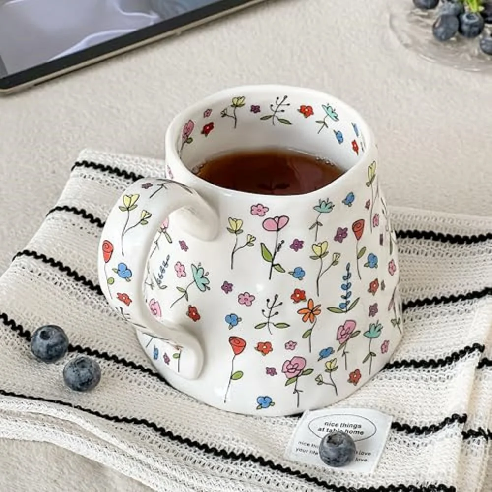 Large Ceramic Coffee Mug Cute Flower with Handmade Big Handle, 20oz Girly Pink Floral Tea Cup for Women Mothers Day, Novelty