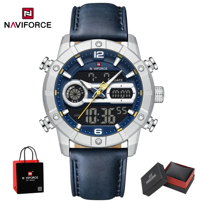 NAVIFORCE Men's Quartz Analog Digital Watch 3ATM Waterproof Luminous Genuine Leather Strap Casual Sport Wristwatch Gifts box