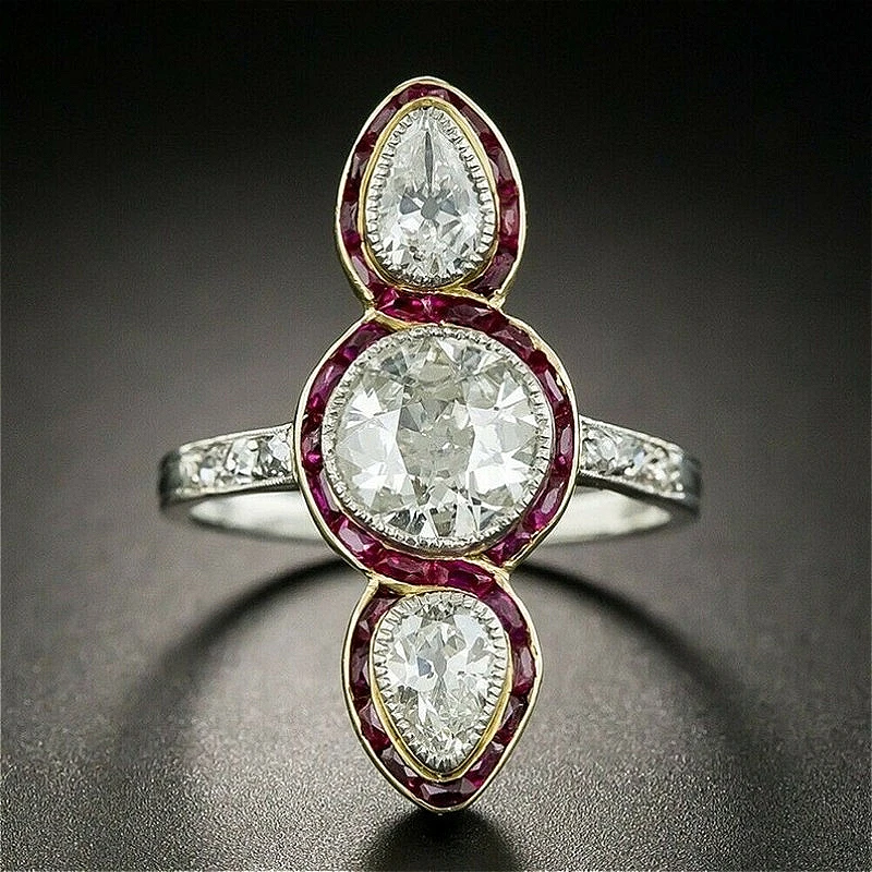 Vintage-Ringe mit eingelegtem rundem roten und klarem synthetischem Zirkonia in Silber für Damen, modisches, schlichtes Design, Bankett-Schmuckzubehör