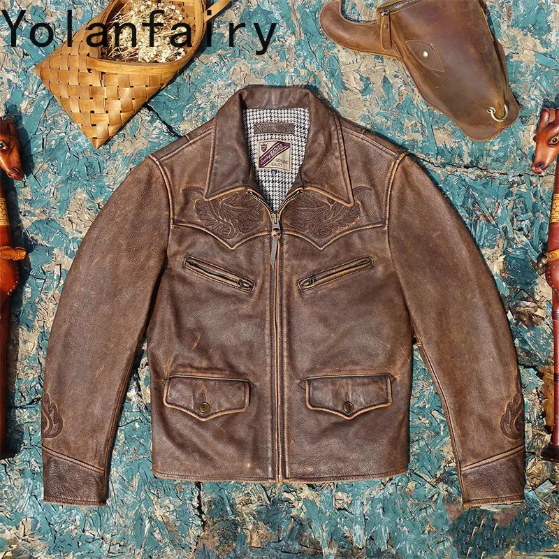 YOLANFAIRY Top Layer Cowhide Genuine Leather Jacket Men 2026 Winter 100% Real Leather High Quality Pure Leather Vintage Coat Man