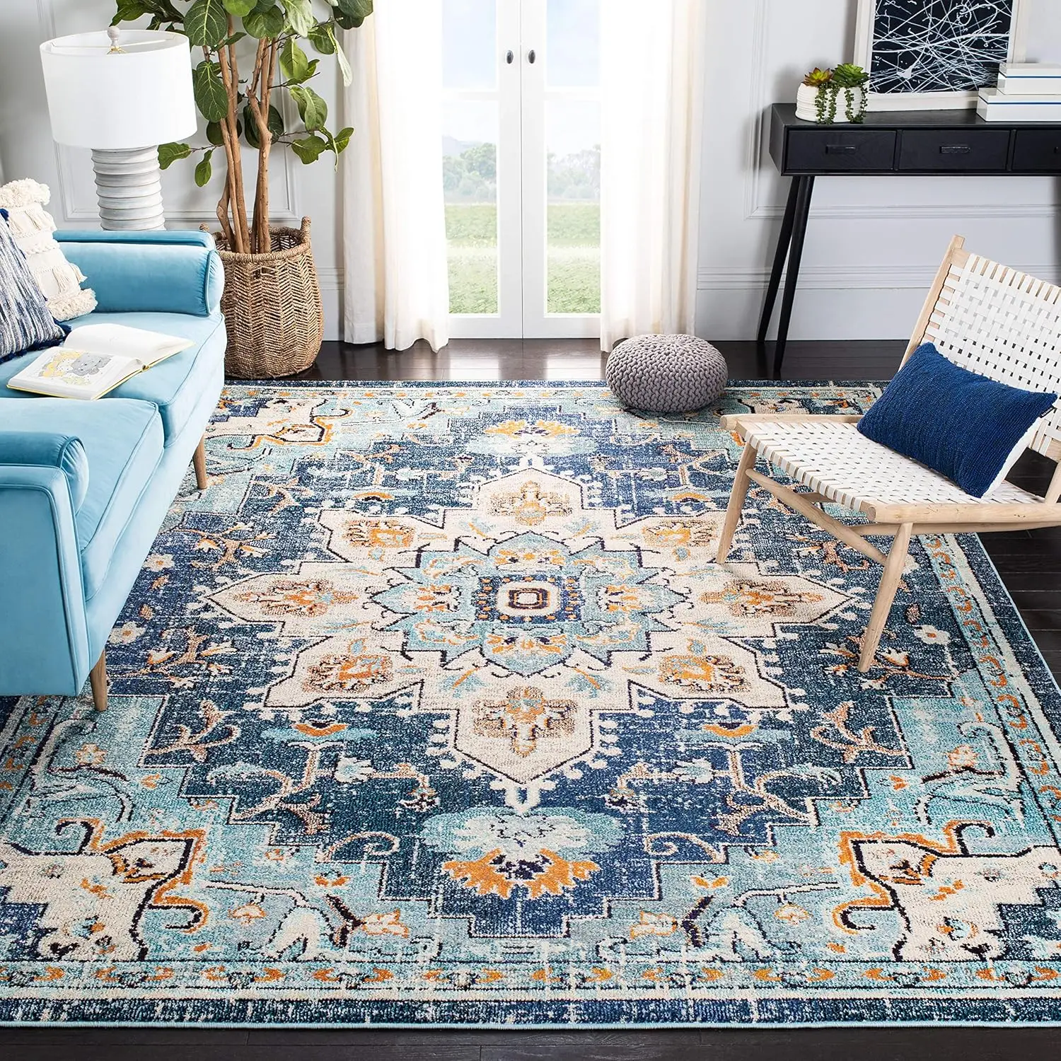 

Safavieh Madison Collection Area Rug - 10' X 14', Blue & Light Blue, Boho Chic Medallion Distressed Design, Non-Shedding & Easy