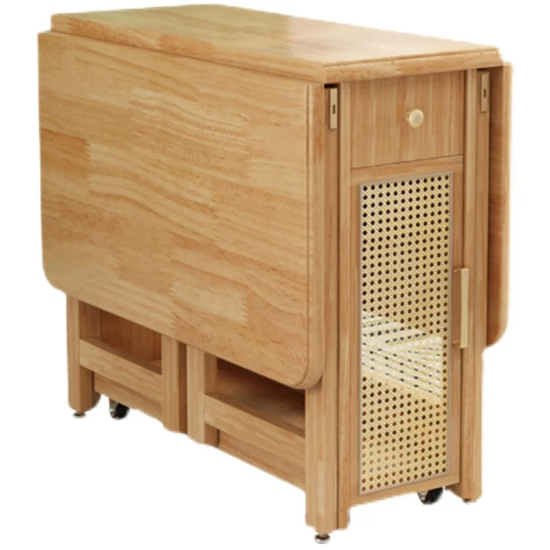 

Folding dining table full solid wood rattan small apartment