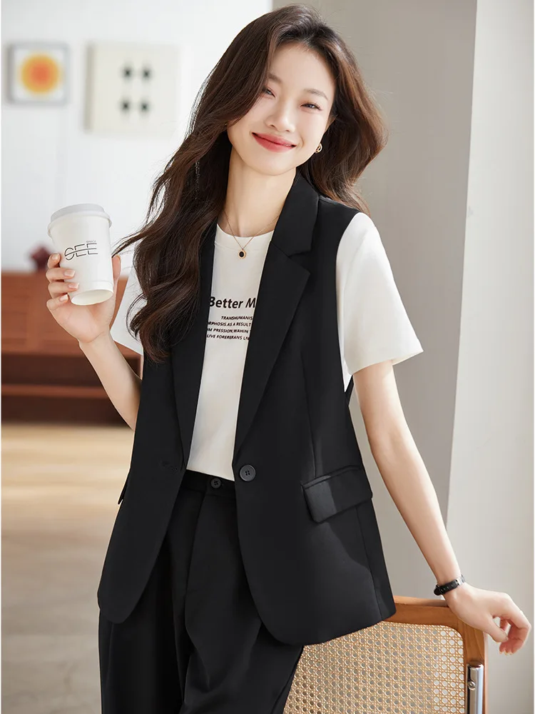 

Черный женский жилет без рукавов, летний тонкий фасон 2025 года, новый повседневный комплект верхней одежды для невысоких женщин