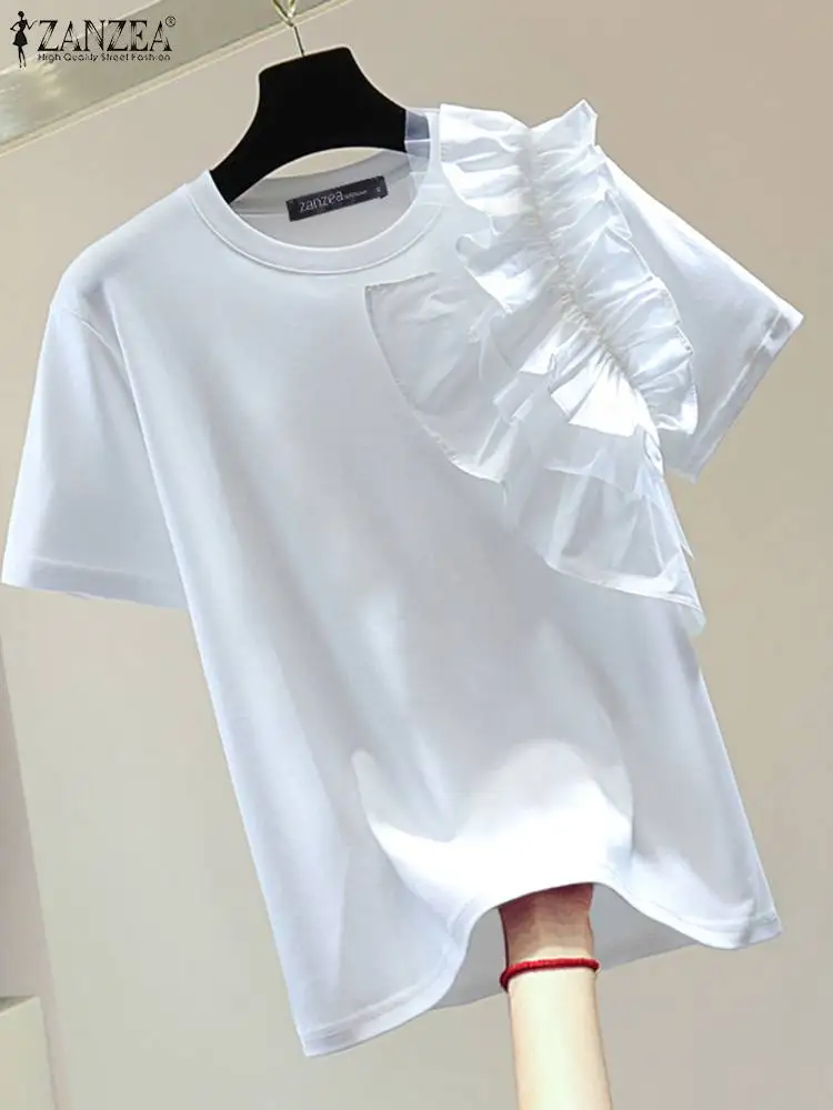 

ZANZEA Short Sleeve Korean Fashion Blouses Solid Elegant Ruffles Detail Women Blusas Mujer O Neck 2024 Summer Casual T-shirts