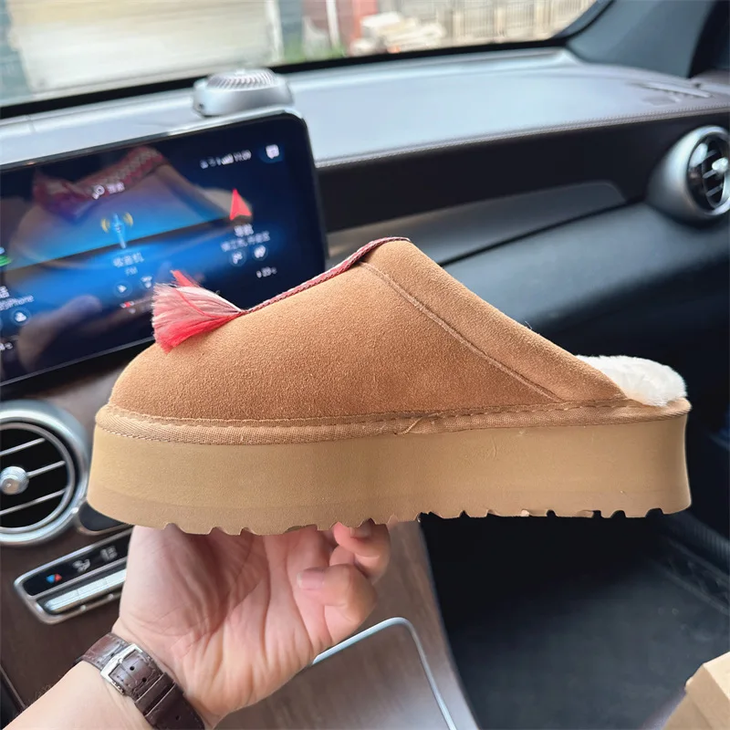 New Ethnic Style Thick Soled Slippers Women's Cowhide Wool Height Increasing Shoes With Fleece Insulation Boots Anti Slip Soles