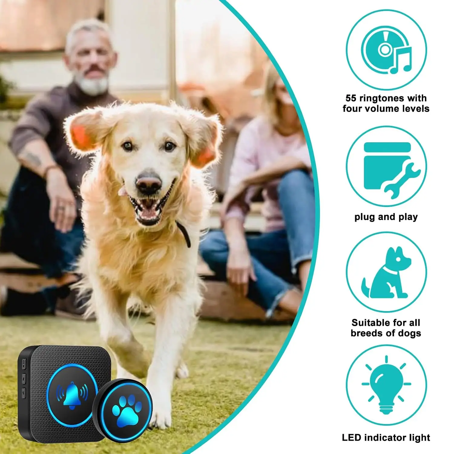 Smart Wireless Dog Door Bell, IP65 Waterproof Button, 1000ft Range, 60 Melodies, Adjustable Volume, 2 Button, Customized