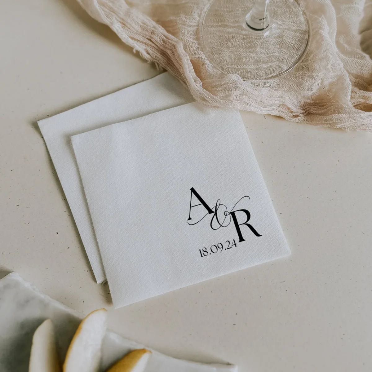 50pcs Custom Modern Monogram Printed Wedding Napkins | Simple Black and White Initial Cocktail Napkins for Wedding Reception | B