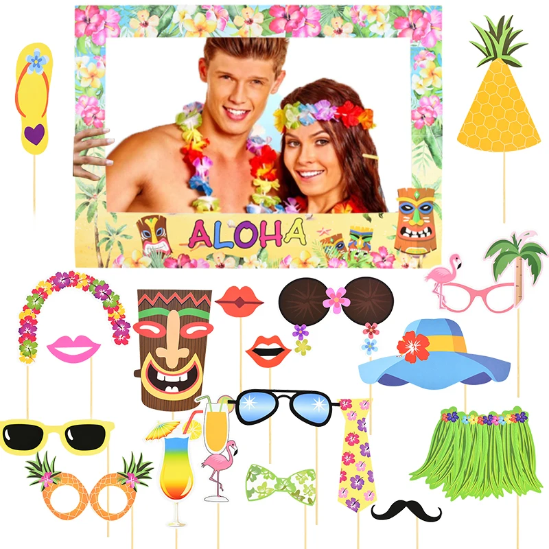 

Hawaiian Frangipani Aloha Frame Flamingo Photo Booth Props Hawaii Party Decoration Tropical Luau Summer Beach Birthday Supplies