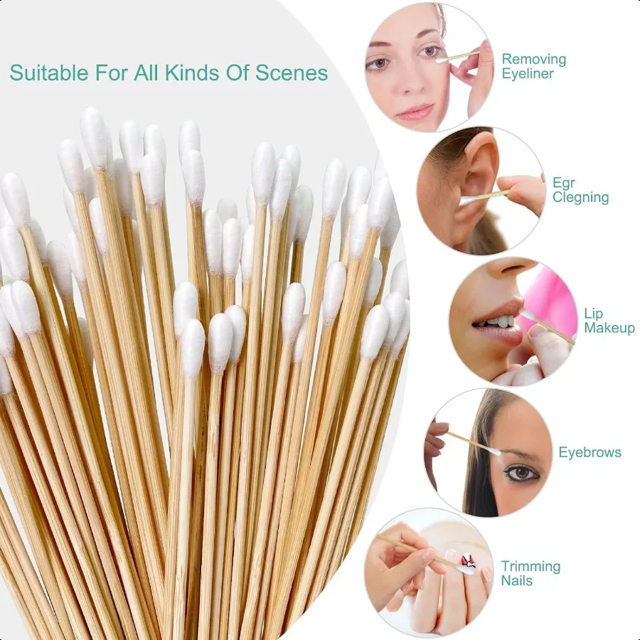 Tamponi di cotone lunghi da 400 pezzi da 6 pollici con bastoncini di legno, ideali per applicatori di pistole per trucco a olio, occhi, orecchie, ombretto, pennello e struccante