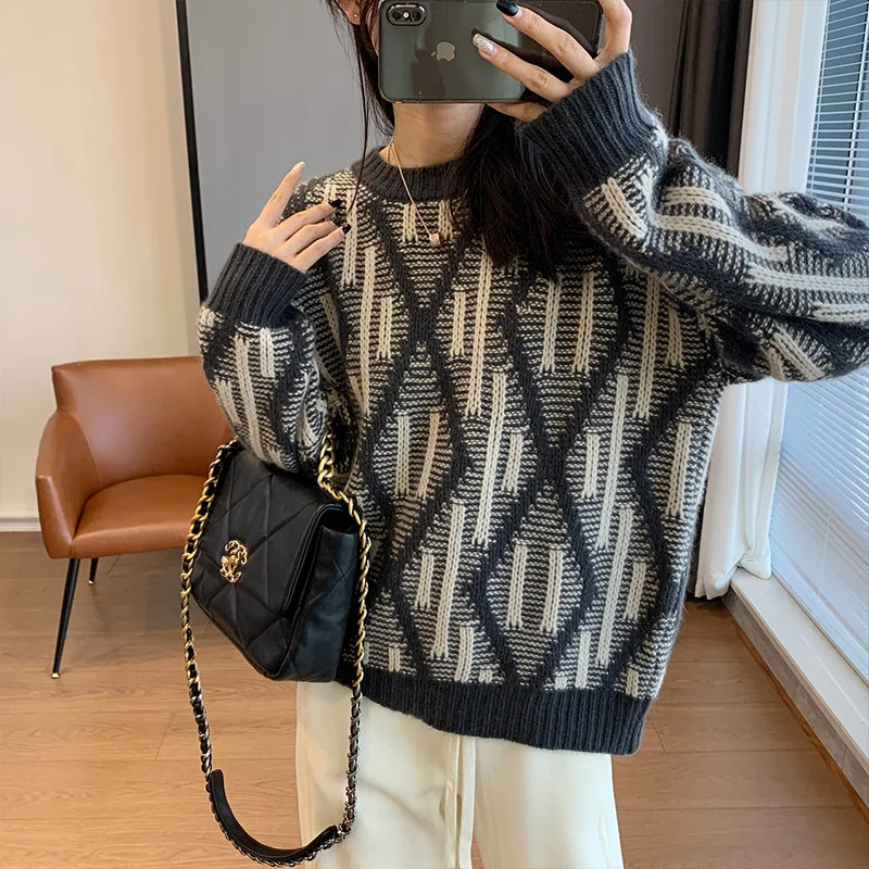 Women Thick Vintage Fashion Loose Sweaters Winter 2024 New Fashion Knitted Wool Knitwear Loose Casual Plaid Pullover Tops