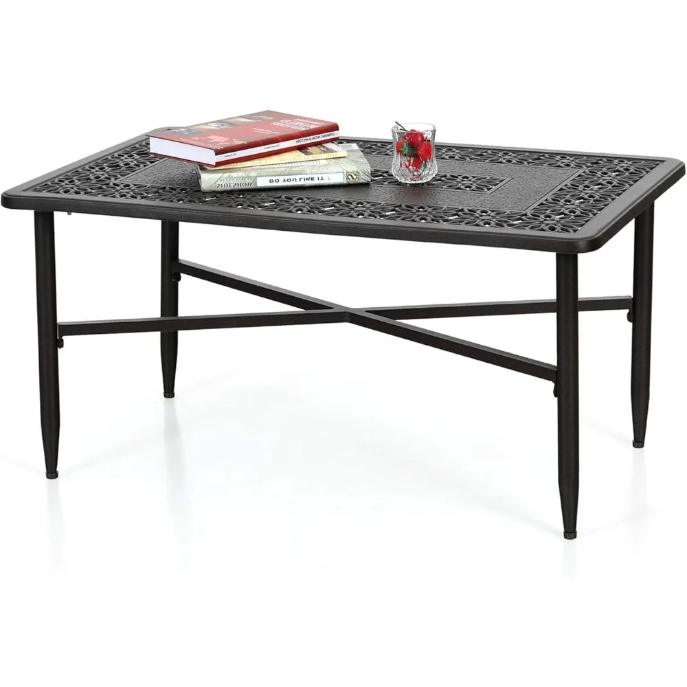 Patio Coffee Table Rectangle, Modern Outdoor Cast Aluminum Coffee Table 38.6 L x 23.0 W x 18.9 H, Brown