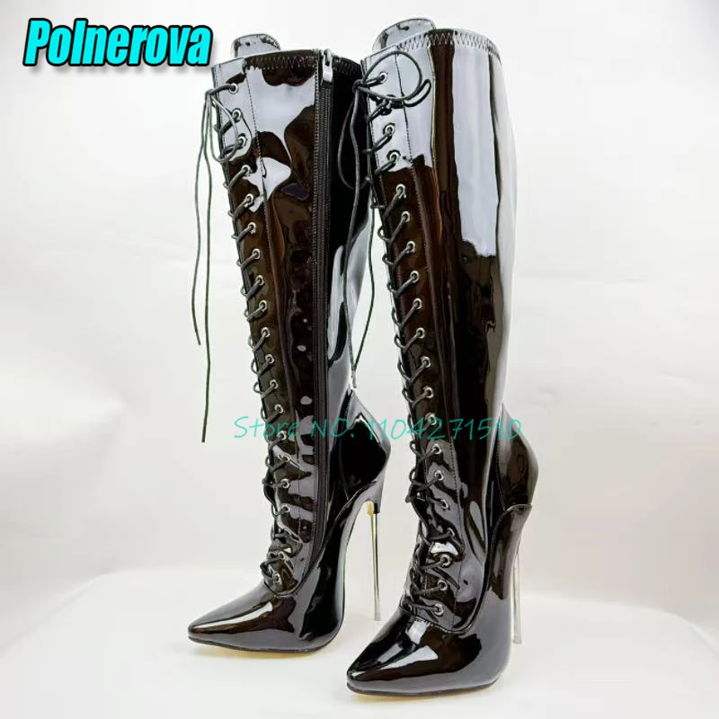 مثير براءات الاختراع والجلود 18 سنتيمتر عالية الكعب عبر حزام أشار تو الجانب سستة الإفراط في الركبة الأحذية الأوروبية والأمريكية النساء الأحذية