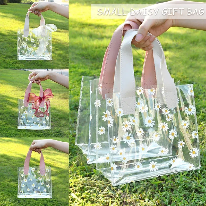 Clear Daisy PVC Gift Tote Large Capacity Waterproof Shopping Bag Cosmetic Organizer Wedding Favor Candy Bag for Birthday Party