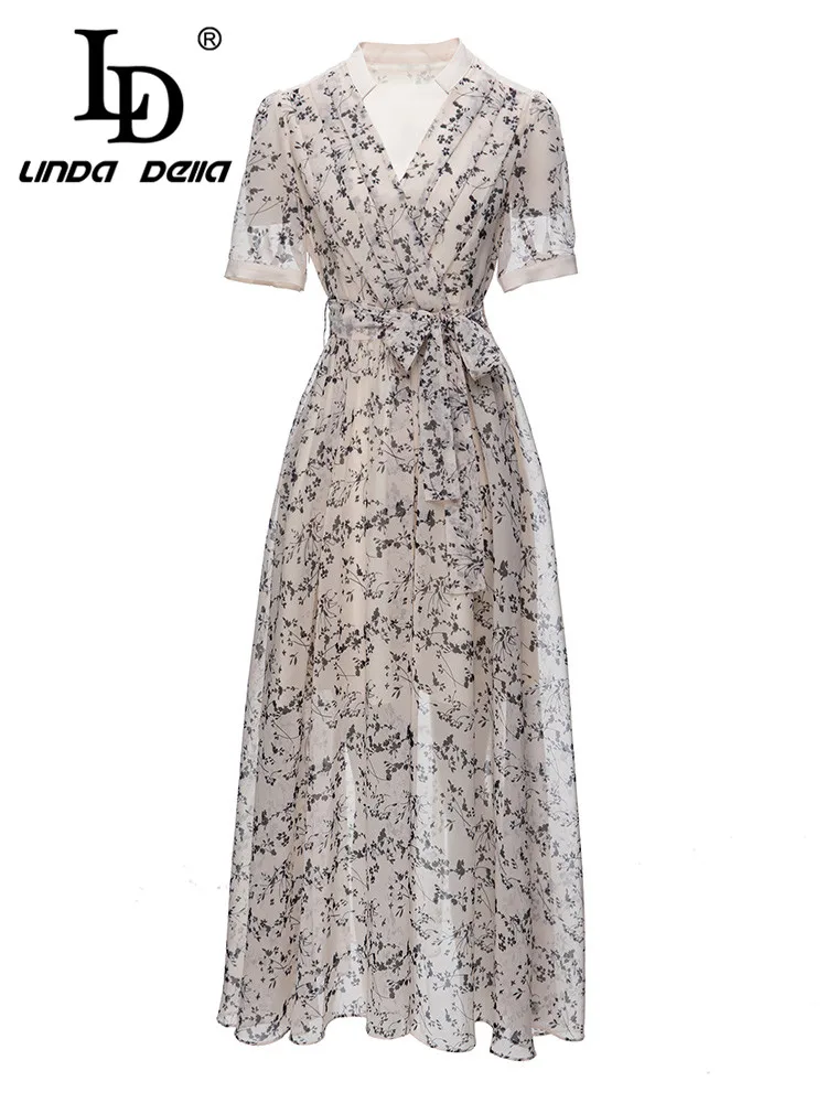 LD LINDA DELLA 2023 Summer New Style Fashion Designer Elegant Party Dress Women V-Neck Frenum Print Transparent Slim Fit Dress