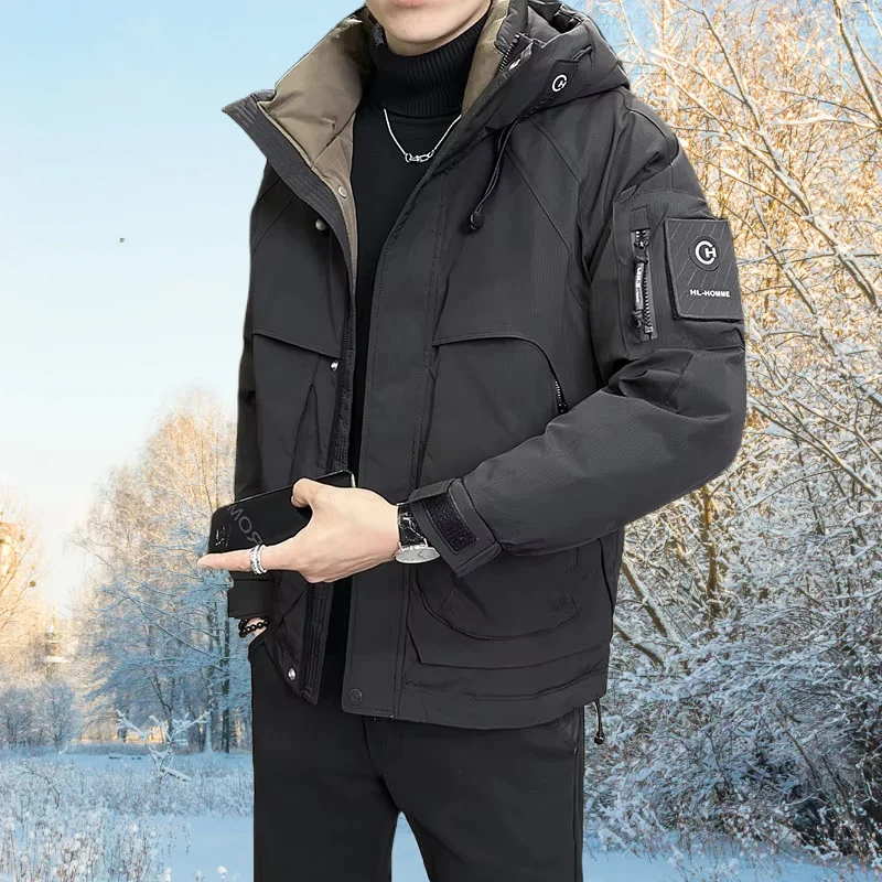 Men's down jacket, white duck down filling, three-dimensional cutting, large pocket decoration, casual warm down jacket