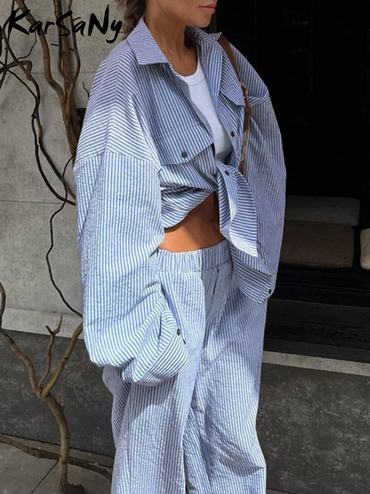 Two Pieces Sets Women Outfit 2024 Autumn High Waist Wide Leg Pants Women\'s Suits Blue Striped Long Sleeve Shirts Casual Set