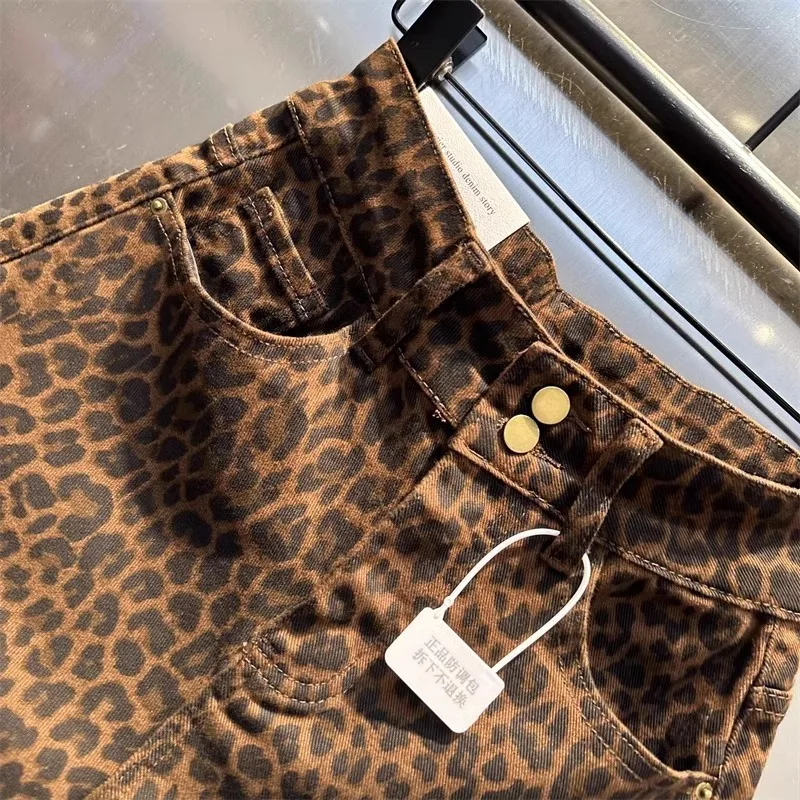Vintage Brown Leopard Print Denim Shorts for Women Sexy High Waist Stretchy Wide Leg Hot Pants Casual Commute Summer Bottoms