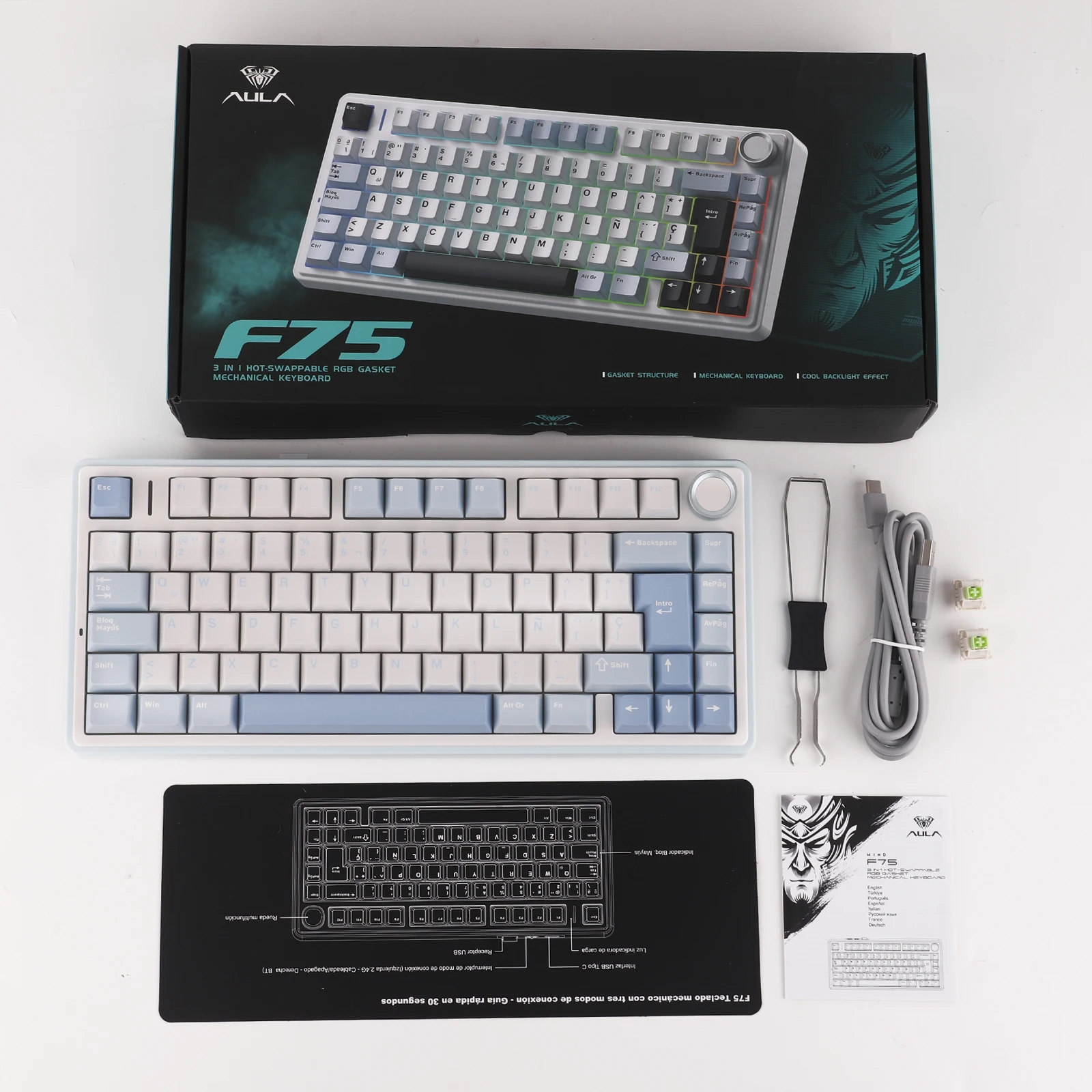 EPOMAKER AULA F75 ISO-ES 75% 스페인어 QWERTY 핫스왑 가스켓 장착 유선/블루투스/2.4GHz 무선 기계식 게이밍 키보드 RGB 백라이트 썸네일 6