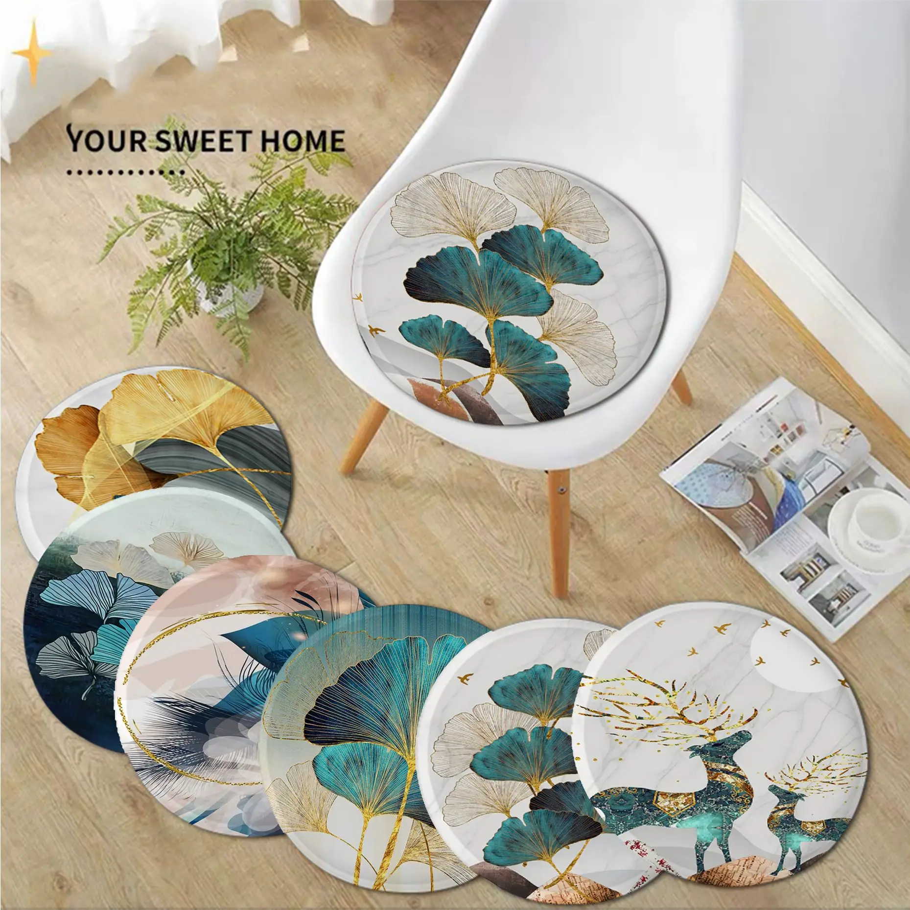 Abstract Landscape Deer Gold Leaf Four Seasons Meditation Cushion Stool Pad Dining Chair Tatami Seat Cushion Anti-Slip Pads