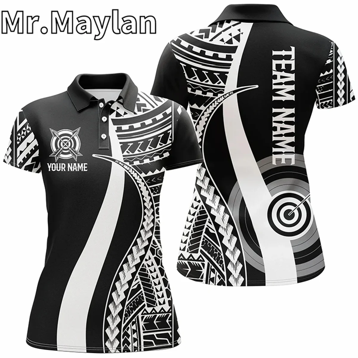 

3D Custom Black White Polynesian Tattoo Pattern Archery Polo Shirts For Women Archery Game Shirt Gift For Archery Lovers Tops