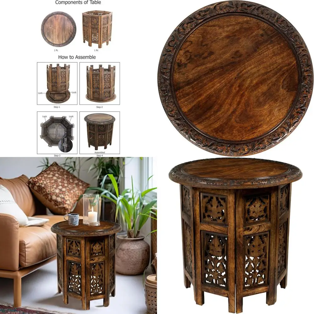 

Vintage Boho Folding End Table - Hand Carved, Small Space, Farmhouse Style, Bedside, Easy Assembly, 18x18 Round, Antique Brown