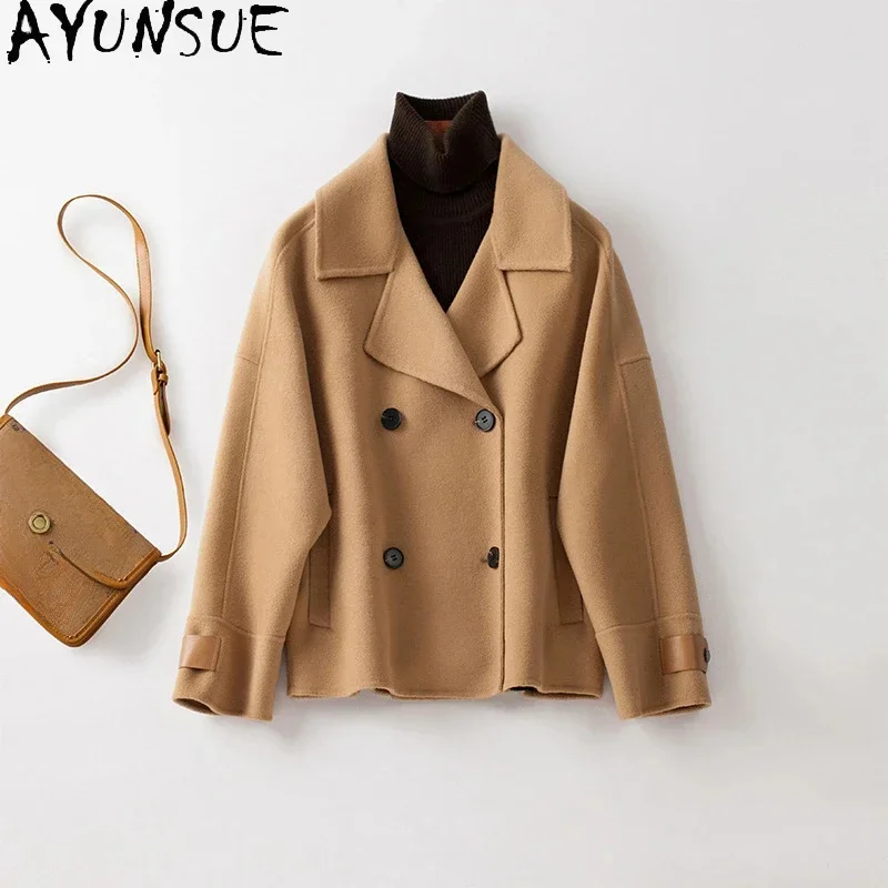 

Short AYUNSUE 100% Wool Coats for Women 2024 Autumn Winter Elegant Double-sided Woolen Jacket Casual Outwears Abrigos Mujer