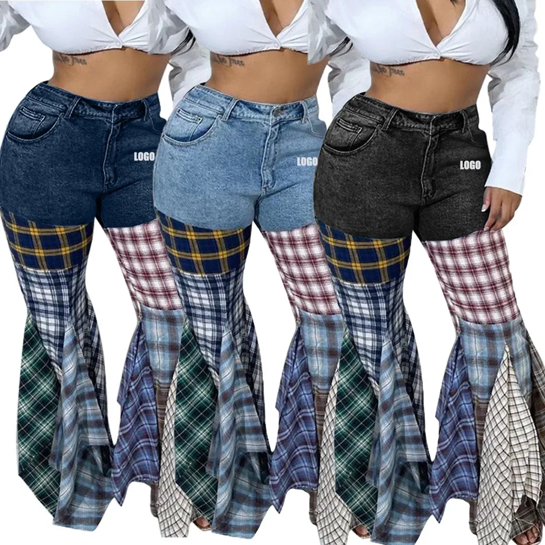 Customized LOGO women's clothing splicing plaid horn denim ruffle edge trousers high waisted jeans