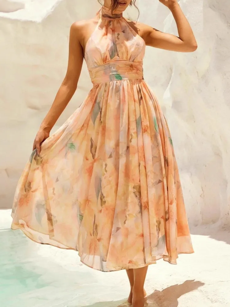 Nieuwe zomer vrouwen vakantie mouwloze print backless jurk mode elegante casual maxi jurken voor vrouwen gewaad femme vrouwen kleding