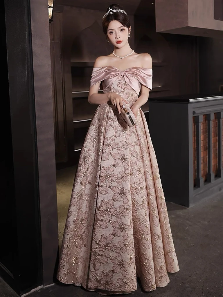 Elegant Pink Celebrity Dresses Flower Boat Neck Off the Shoulder A-line Jacquard Lace-up Slim Woman Ceremony Evening Gowns New