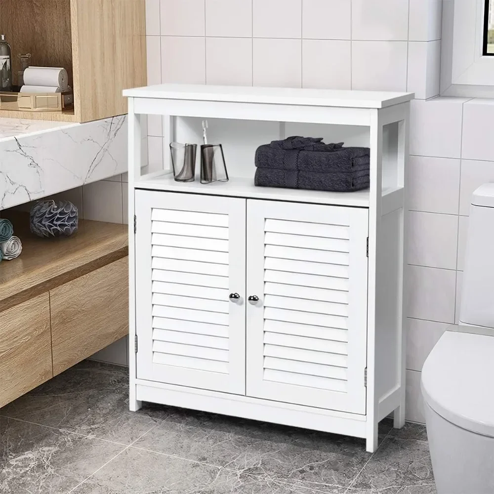 

Bathroom Floor Cabinet, Wooden Independent Storage Cabinet with Double Leaf Doors and Adjustable Shelves