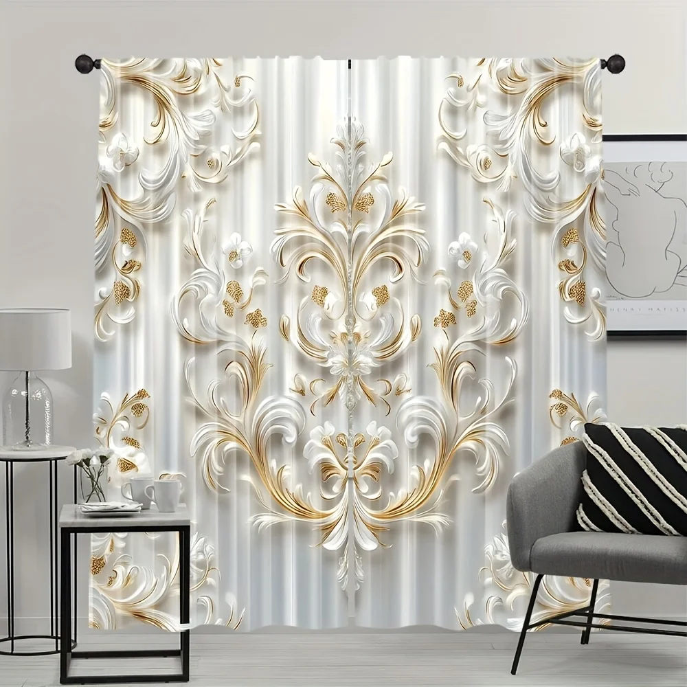 2pcs Artistic Floral Print Polyester Curtains with Gold Accents – for Living Room, Office & Study Decor