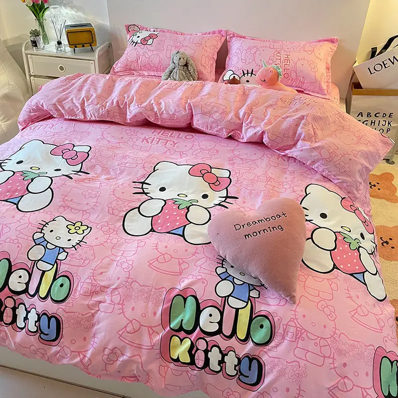 Sanrio Maiden Heart Hello Kitty Cartoon Bedding Ins Lovely Princess Style Bed Sheet Single Quilt Cover 4-piece Minimalist Wind