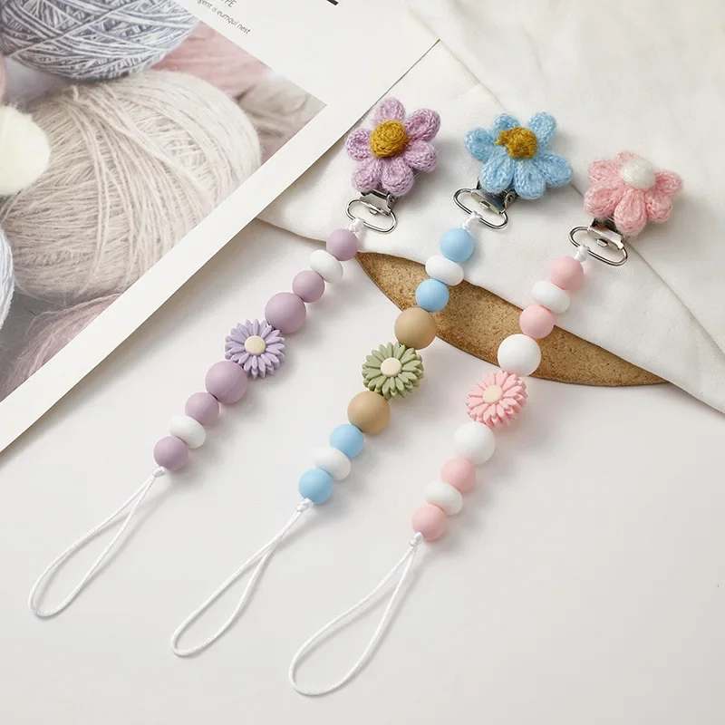 Pacifier Clips Chain Silicone Beads BPA Free Woolen Flower DIY Dummy Clip Holder Soother Chains Baby Teething Toys Chew Gifts