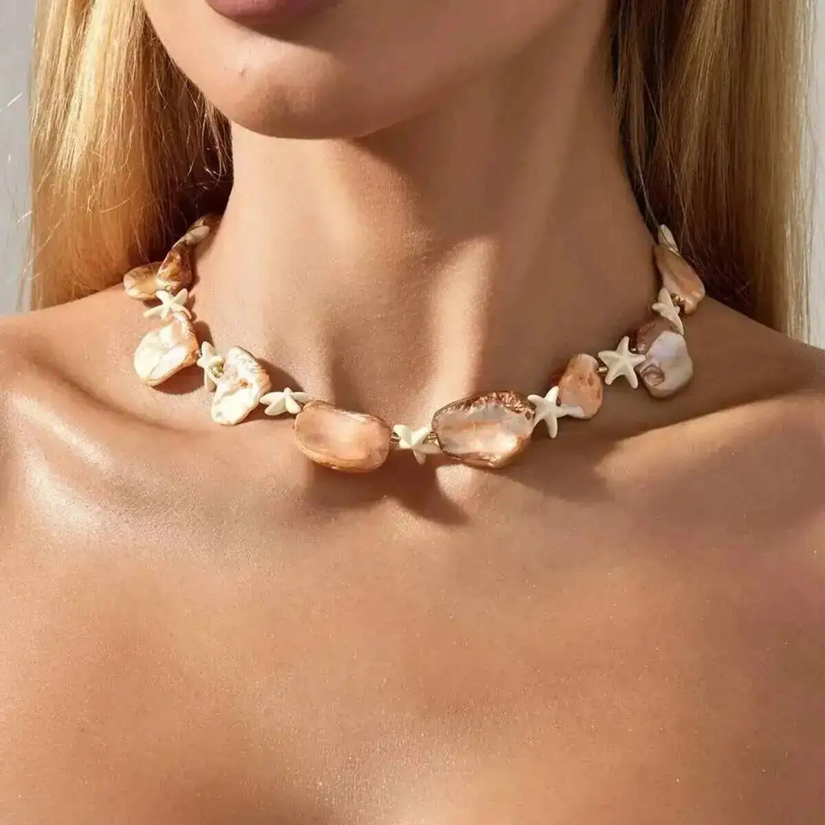 

KunJoe New Ocean Style Irregular Necklace Women Trendy Scallop Starfish Splice Clavicle Chain Vacation Beach Jewelry Accessories
