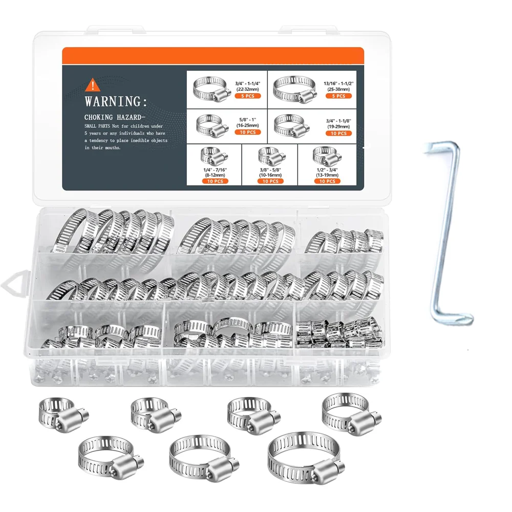 60pcs Hose Clips Pipe Clamps 8mm-38mm Stainless Steel Hoop Clamp Hose Tong Stainless Steel Set Pipes Clip Fixed Tools + wrench