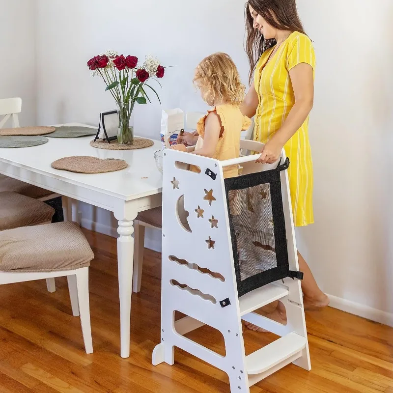 TOETOL Bamboo Toddler Kitchen Stool for Kids Step Stool - White Little Helper Tower Adjustable Height with Learning Black&White