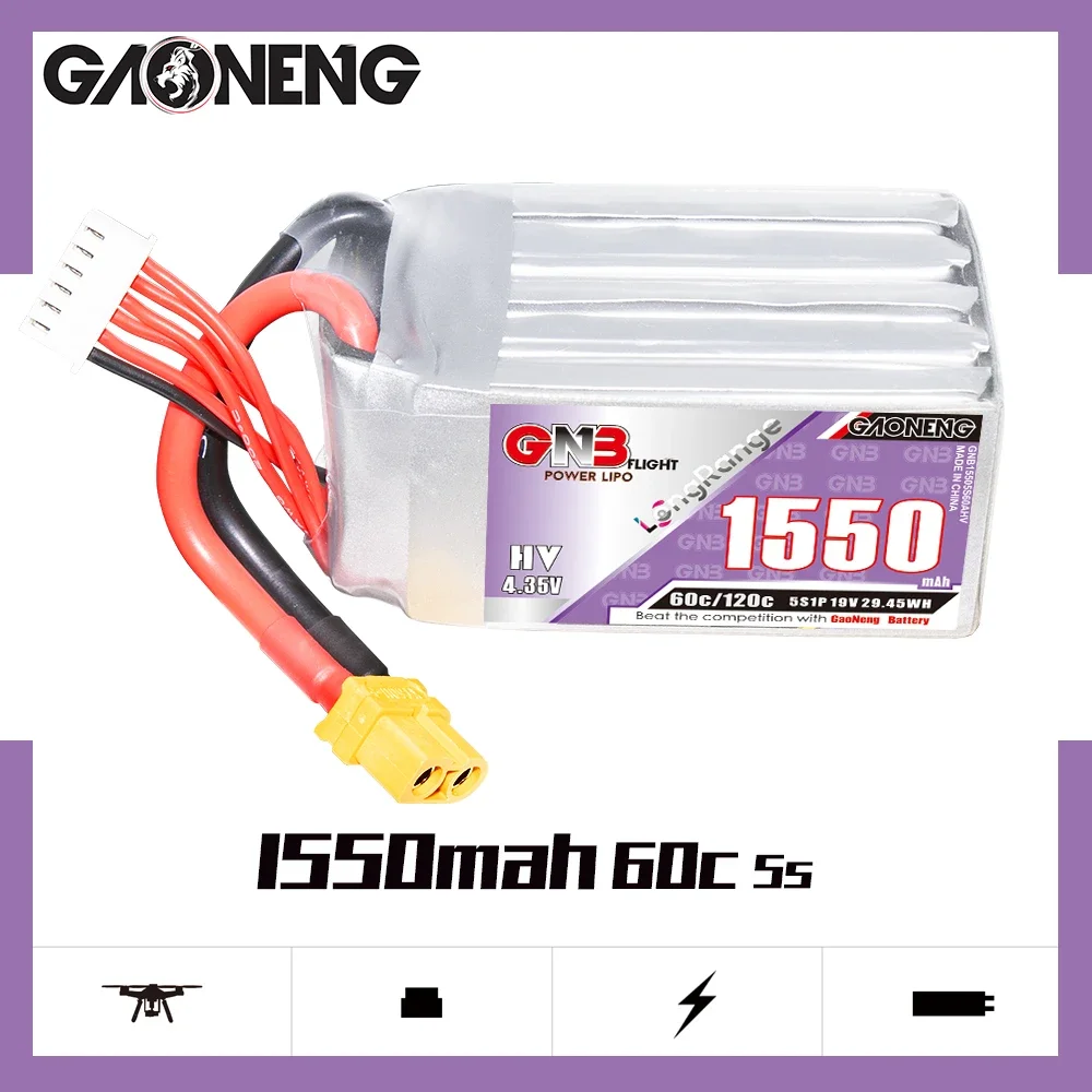 

GAONENG GNB 1550mAh HV 5S 60C 120C 19V XT60 LiPo Battery Long Range 5 to 6 inch Drone Chimera5 Evoque F5D/F5X Racing Pilot FPV