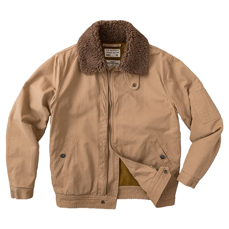 

American Vintage Amekaji Men's Wool Trimmed Short Flight Jacket - 100% Cotton Workwear Padded Coat with Lapel Collar