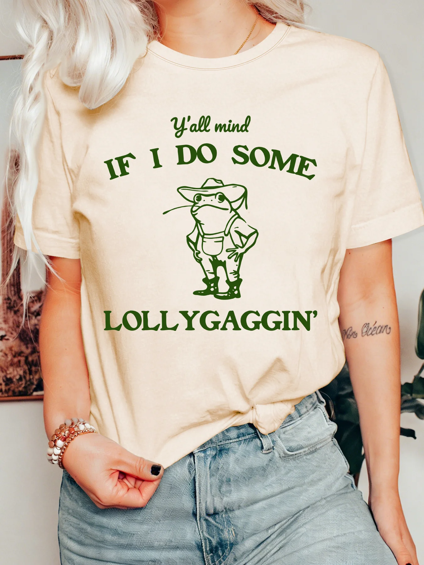 Funny Cowboy Frog Womens Crew Neck Short Sleeve T Shirt Yall Mind If I Do Some Lollygaggin Retro Casual Graphic Tees For Ladies