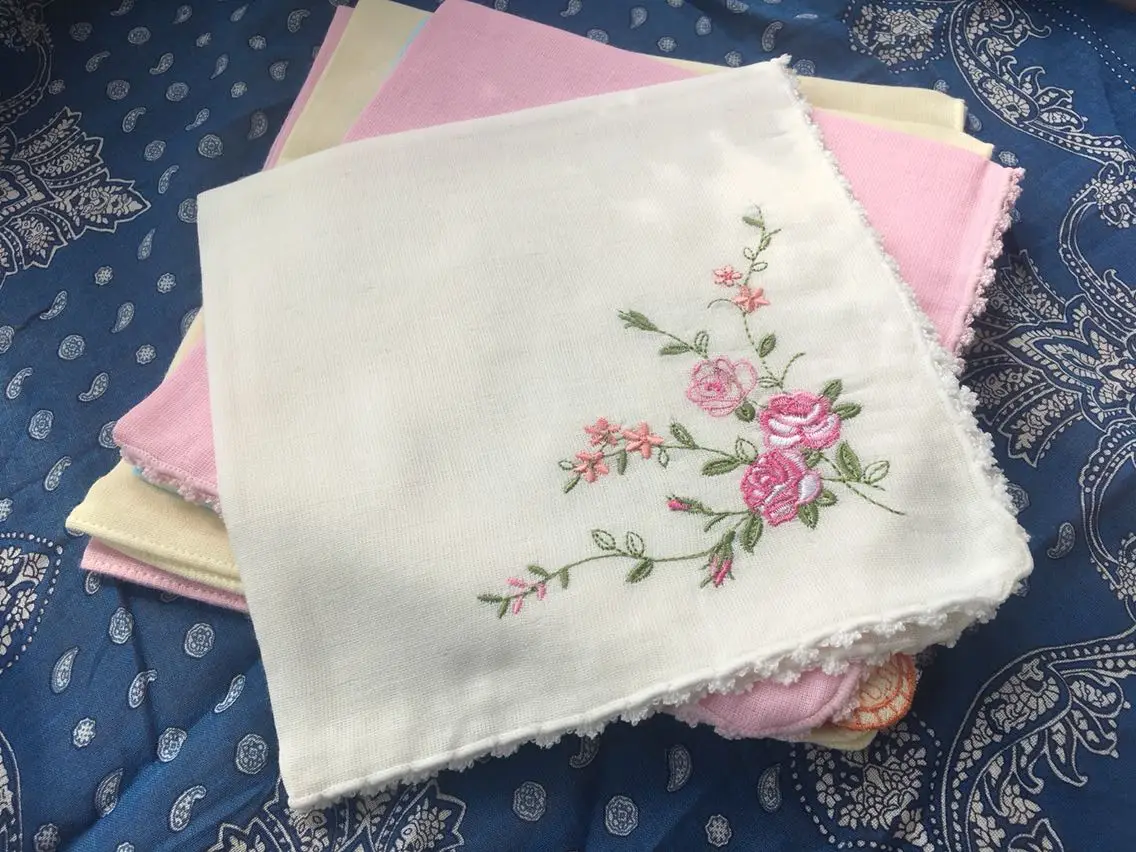 External Single and Double Layer Gauze Embroidered Sweat-absorbing Handkerchief for Women Cotton Pocket Squares