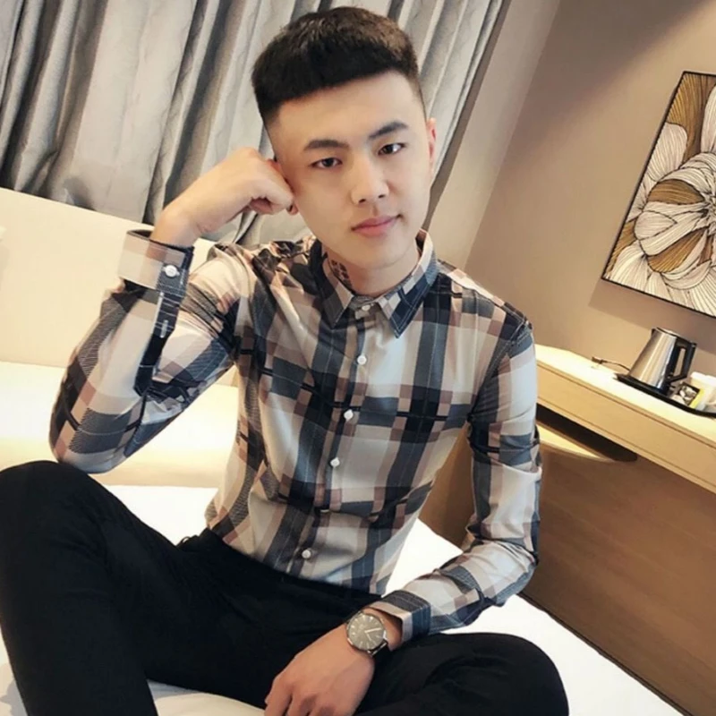 2026 New Men Slim Fit Long Sleeve Plaid Shirt Korean Casual Trendy Versatile Handsome Top