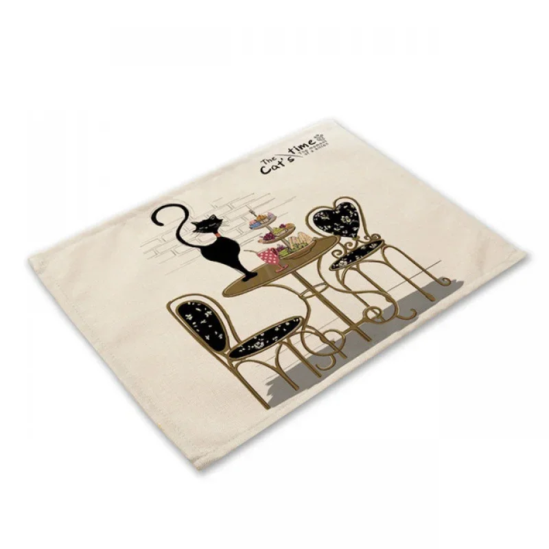 30x40cm Couple Black Cat Linen Placemat Coaster Pad  Dining Table Mats Bowl Cup Kitchen Cotton Coffee Mat Home Decoration